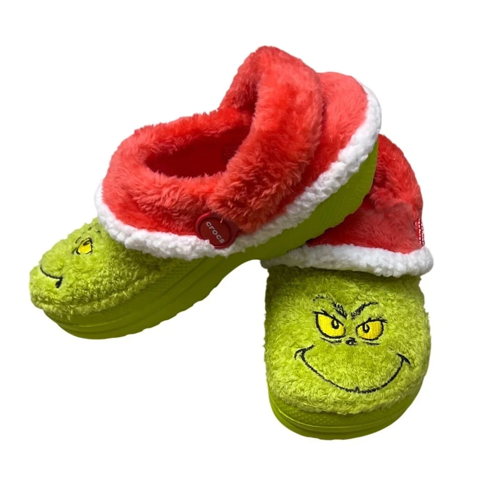 Crocs Kids Classic Lined Grinch Clogs Green Red Holiday Shoes J1